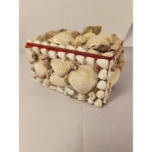 Vintage Sea Shell Covered Trinket Jewelry Box W/ Red Lining Beach Ocean